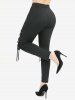 Hollow Out Hearts Lace Trim Bowknot Top and Lace Up Flocking Mesh Leggings Plus Size Outfit -  