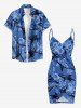 Cache-maillot de plage convertible hawaïen à imprimé fleurs, feuilles et requins - Bleu S