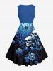 Skulls Flower Leaf Branch Print Hawaii Vintage Swing A Line Dress - Bleu profond 3X