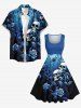 Skulls Flower Leaf Branch Print Hawaii Vintage Swing A Line Dress - Bleu profond 3X