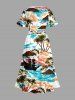 Coconut Tree Flower Sea Sailboat Print Hawaii Split Pocket A Line Midi Dress -  