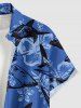 Chemise homme hawaïenne avec boutons et poche, imprimé fleurs, feuilles et requin - Bleu S