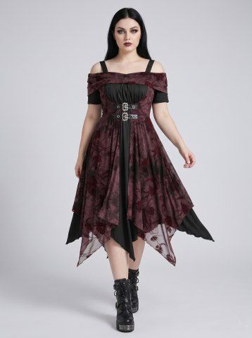 Gothic Plus Size Tie Dye Print Floral Flocking Ruched Buckles Panel Cold Shoulder Tank Dress - DEEP RED - 3X | US 22-24