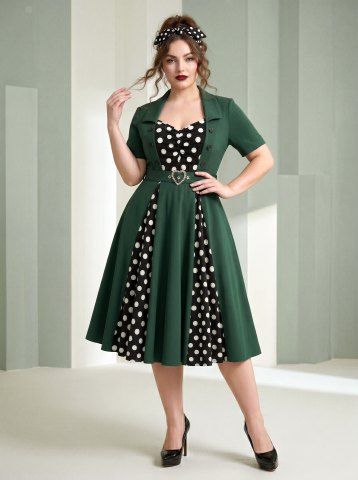 Plus Size Polka Dot Print Mock Buttons Heart Buckle Turn-down Collar Patchwork Ruched Vintage A Line Dress - DEEP GREEN - 2X | US 18-20