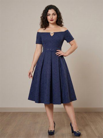 Plus Size Rose Flower Jacquard Embroidery A Line Dress with Removable Belt and Shoulder Strap - BLUE - 1X | US 14-16