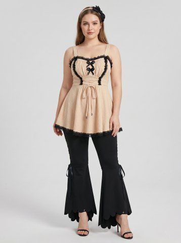 Textured Two Tone Top and Lace Up Scalloped Hem High Low Asymmetric Flare Pants Plus Size Outfit - CHAMPAGNE