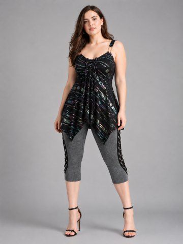 Ombre Glitter Letters Printed Top and Floral Lace Patchwork Lace-up Marled Capri Leggings Plus Size Outfit - BLACK