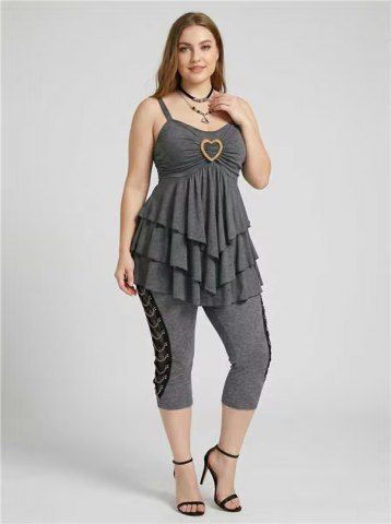 Heart Buckle Ruched Tank Top and Floral Lace Patchwork Lace-up Marled Capri Leggings Plus Size Outfit - GRAY