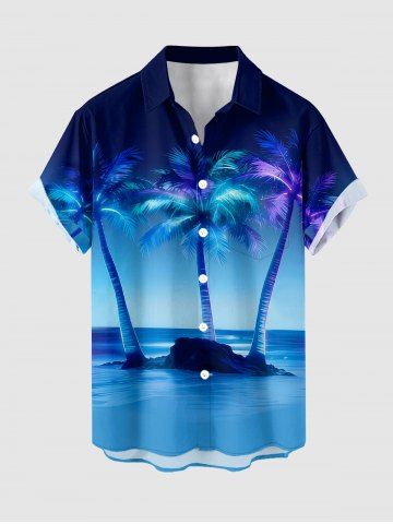 Plus Size Coconut Tree Sea Ombre Sky Print Hawaii Button Pocket Shirt For Men - BLUE - XL