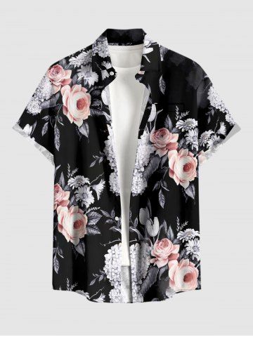 Plus Size Rose Flowers Leaf Print Buttons Pocket Hawaii Shirt For Men - BLACK - M