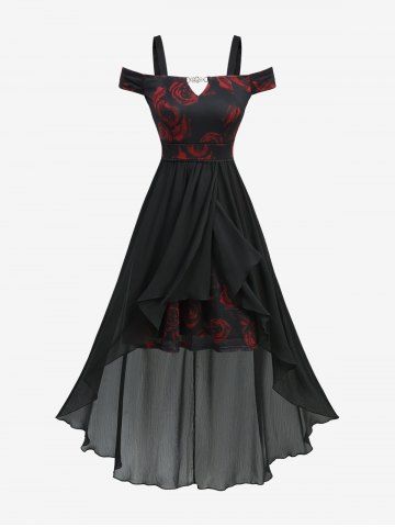 Rose Flower Print Chain Panel Lace Trim Cold Shoulder High Low Dress - BLACK - L