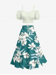 Solid Cinched Top and Flower Leaf Print Hawaii Split A Line Skirt Matching Set -  