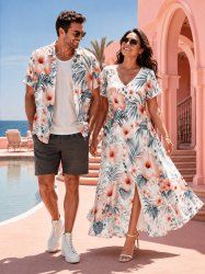 Hibiscus Flower Tropical Leaf Print Matching Hawaii Beach Outfit For Couples -  