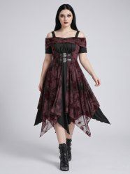 Gothic Plus Size Tie Dye Print Floral Flocking Ruched Buckles Panel Cold Shoulder Tank Dress -  