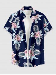 Flower Tropical Leaf Print Buttons Pocket Hawaii Shirt For Men - Bleu profond L