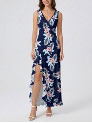 Flower Tropical Leaf Print Hawaii Ruffles Split Surplice Dress - Bleu profond XXL