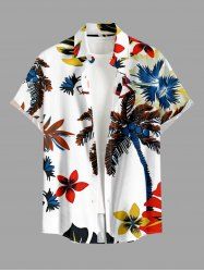 Coconut Tree Flowers Tropical Leaf Print Buttons Pocket Hawaii Shirt For Men - Blanc L