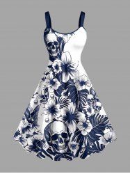 Plus Size Tropical Leaf Hibiscus Flower Skulls Print Hawaii A Line Dress - Cadetblue L