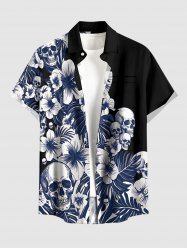 Plus Size Tropical Leaf Hibiscus Flower Skulls Print Hawaii Button Pocket Shirt For Men - Cadetblue L
