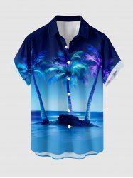 Plus Size Coconut Tree Sea Ombre Sky Print Hawaii Button Pocket Shirt For Men -  