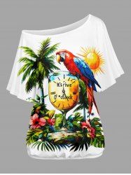 Plus Size Coconut Tree Hibiscus Flower Parrot Clock Print Hawaii T-shirt -  