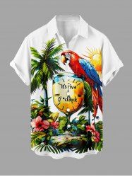 Plus Size Coconut Tree Hibiscus Flower Parrot Clock Print Hawaii Button Pocket Shirt For Men - Blanc L