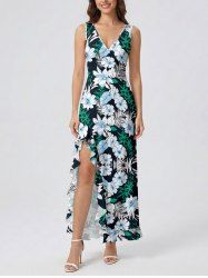 Tropical Leaf Hibiscus Flower Print Hawaii Ruffles Split Dress -  