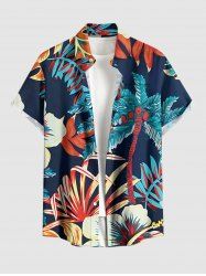 Plus Size Coconut Tree Hibiscus Flower Leaf Print Buttons Pocket Hawaii Shirt For Men - Cadetblue 2XL