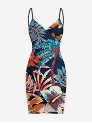 Plus Size Coconut Tree Hibiscus Flower Leaf Print Convertible Hawaii Beach Cover - Cadetblue 3X