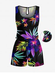 Hibiscus Flower Tropical Leaf Print Cinched Hawaii Romper - Noir M