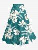 Solid Cinched Top and Flower Leaf Print Hawaii Split A Line Skirt Matching Set -  