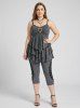 Heart Buckle Ruched Tank Top and Floral Lace Patchwork Lace-up Marled Capri Leggings Plus Size Outfit -  