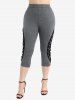 Heart Buckle Ruched Tank Top and Floral Lace Patchwork Lace-up Marled Capri Leggings Plus Size Outfit -  