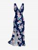Flower Tropical Leaf Print Hawaii Ruffles Split Surplice Dress - Bleu profond XXL