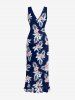 Flower Tropical Leaf Print Hawaii Ruffles Split Surplice Dress - Bleu profond XXL