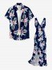 Flower Tropical Leaf Print Hawaii Ruffles Split Surplice Dress - Bleu profond XXL