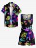 Hibiscus Flower Tropical Leaf Print Cinched Hawaii Romper - Noir M