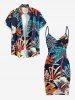 Plus Size Coconut Tree Hibiscus Flower Leaf Print Convertible Hawaii Beach Cover - Cadetblue 3X