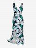 Tropical Leaf Hibiscus Flower Print Hawaii Ruffles Split Dress -  