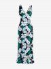 Tropical Leaf Hibiscus Flower Print Hawaii Ruffles Split Dress - Noir S