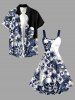 Plus Size Tropical Leaf Hibiscus Flower Skulls Print Hawaii A Line Dress - Cadetblue XS