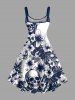 Plus Size Tropical Leaf Hibiscus Flower Skulls Print Hawaii A Line Dress - Cadetblue L