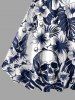 Plus Size Tropical Leaf Hibiscus Flower Skulls Print Hawaii A Line Dress - Cadetblue L