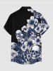 Plus Size Tropical Leaf Hibiscus Flower Skulls Print Hawaii Button Pocket Shirt For Men - Cadetblue L