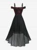 Robe à épaules dénudées avec imprimé de roses, panneau à chaîne, bordure en dentelle et ourlet asymétrique - Noir XL