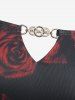 Robe asymétrique à épaules dénudées, imprimé de roses, panneau chaîne et bordure en dentelle - Noir L