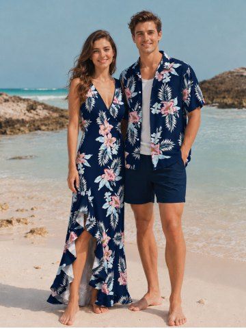 Flower Tropical Leaf Print Matching Hawaii Beach Outfit For Couples