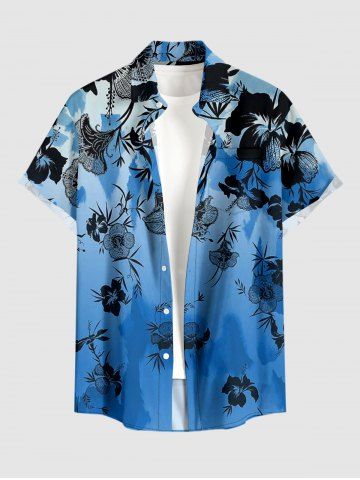 Plus Size Hibiscus Flower Leaf Branch Print Hawaii Button Pocket Shirt For Men - BLUE - M