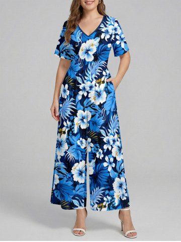 Hibiscus Flower Tropical Leaf Print V Neck Hawaii Wide Leg Jumpsuit - BLUE - XS