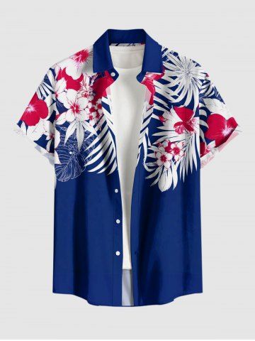 Plus Size Tropical Leaf Flowers Print Buttons Pocket Hawaii Shirt For Men - DEEP BLUE - 5XL